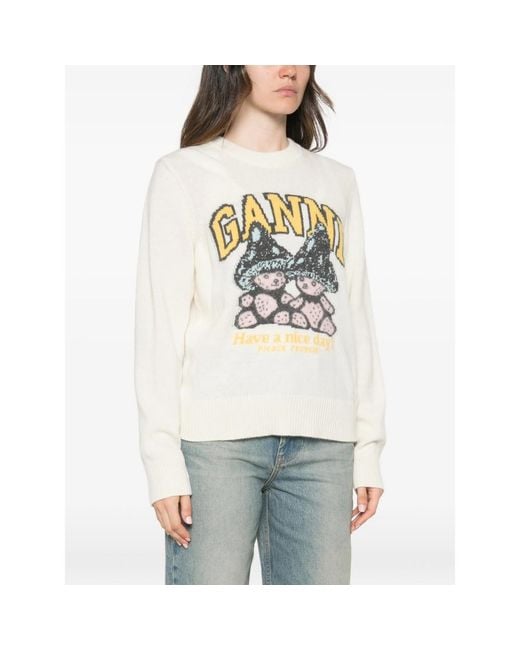 Ganni White Intarsia-Knit Sweater