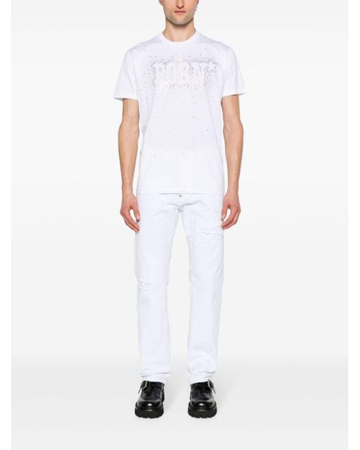 DSquared² White Rhinestone-Embellished Cotton T-Shirt for men
