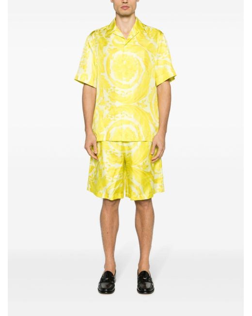 Versace Yellow Barocco-Print Silk Shirt for men