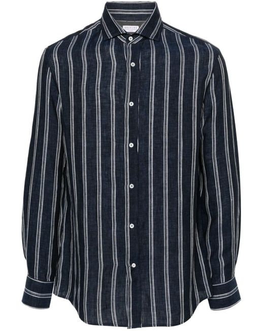 Brunello Cucinelli Blue Striped Chambray Linen Shirt for men