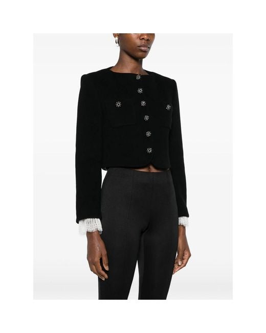 Self-Portrait Black Lace-Trimmed Button-Up Cropped Jacket