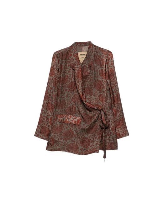 Uma Wang Brown Floral-Print Tie-Fastening Blazer