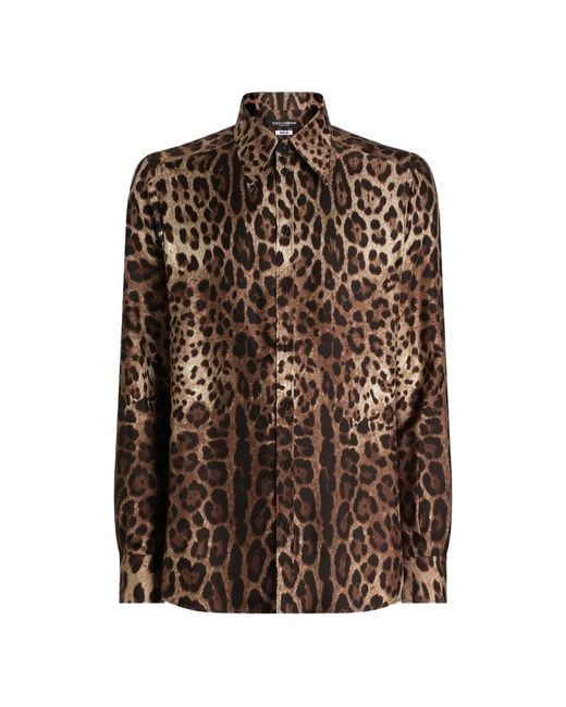 Dolce & Gabbana Brown Silk Leopard Print Shirt for men
