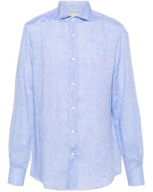 Brunello Cucinelli Blue Spread-Collar Linen Shirt for men