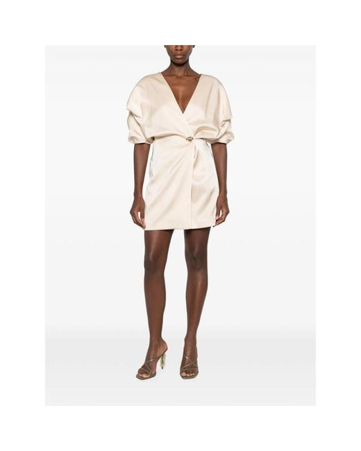 Raquel Diniz Natural Anastasia Button-Detail V-Neck Mini Dress
