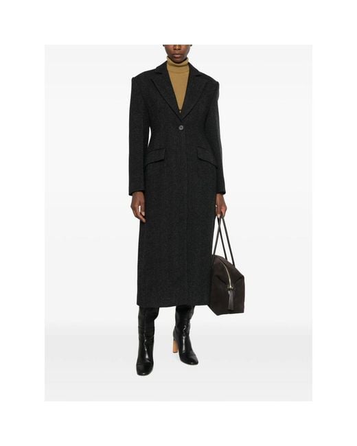 Tela Black Herringbone Single-Breasted Coat