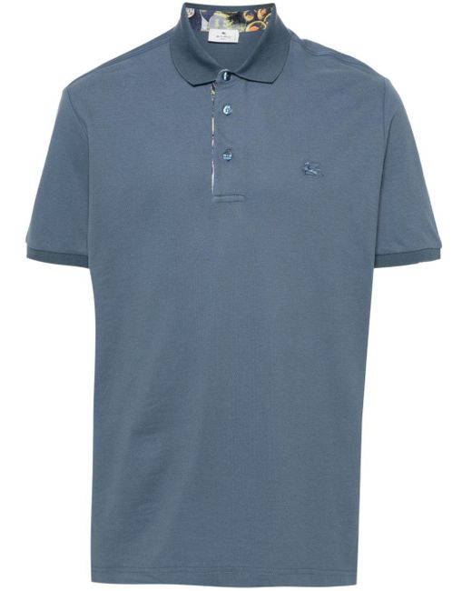 Etro Blue Pegaso-Motif Piqué Polo Shirt for men