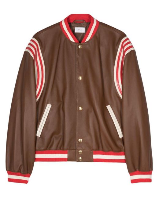 Bally Brown Striped Buttoned Leather Jacket for men