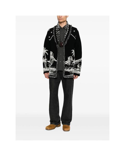 Alanui Black Intarsia-Knit Fringed Cardigan for men