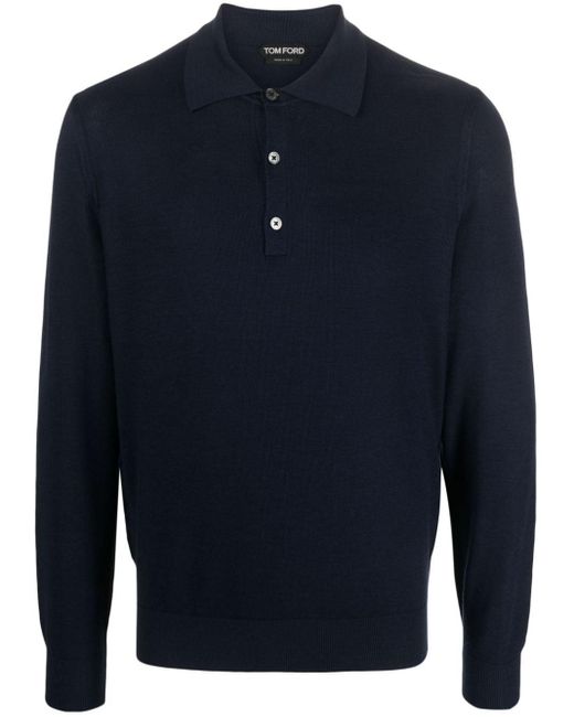 Tom Ford Blue Long-Sleeve Silk-Blend Polo Shirt for men