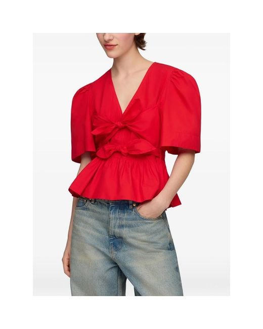 Ganni Red Cotton Poplin Bow Blouse