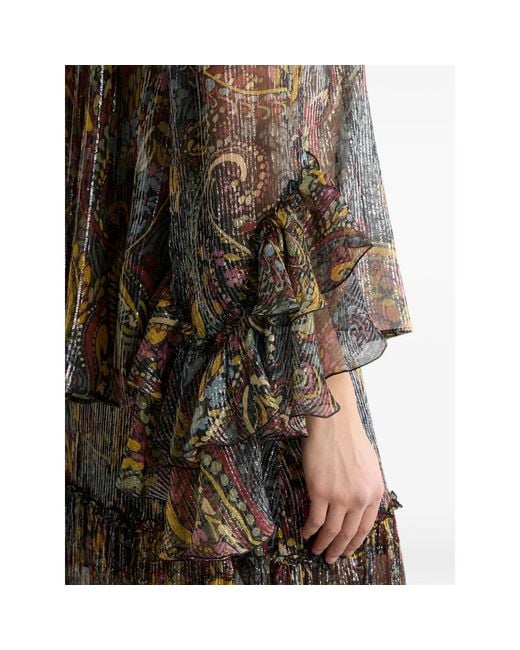 Etro Brown Silk Shirt With Ruffle And Striped Floral Paisley Motif