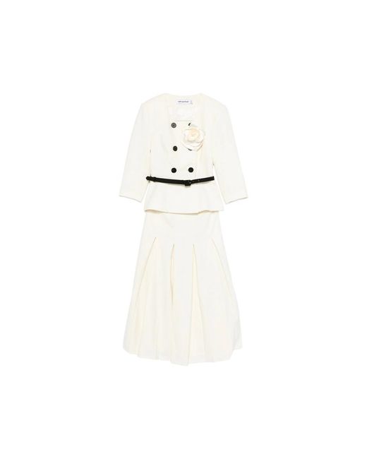Self-Portrait White Floral-Detail Belted Skirt Suit