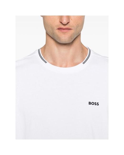 Boss White Stretch-Cotton T-Shirt With Stripes And Logo for men