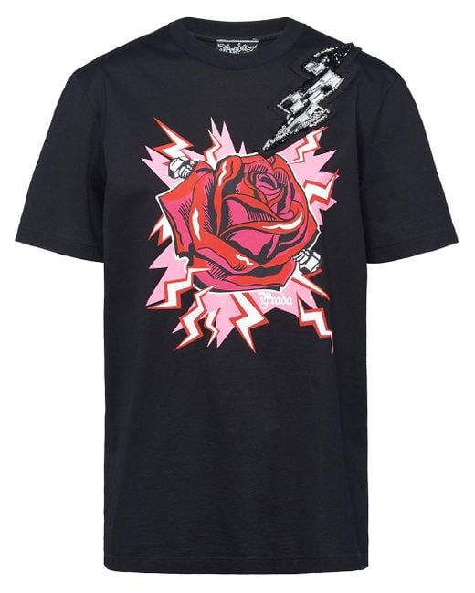 Prada Cotton Thunder Rose T-shirt in Black - Save 19% - Lyst