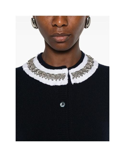 Prada Blue Crystal-Embellished Ruffled-Collar Cardigan