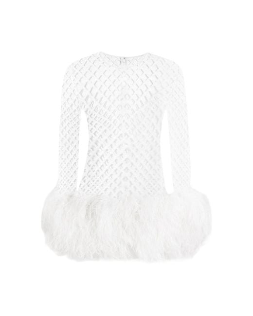 Dolce & Gabbana White Mesh Feather-Trim Mini Dress