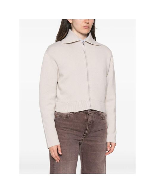 Allude White Zip-Up Ribbed-Trim Cardigan