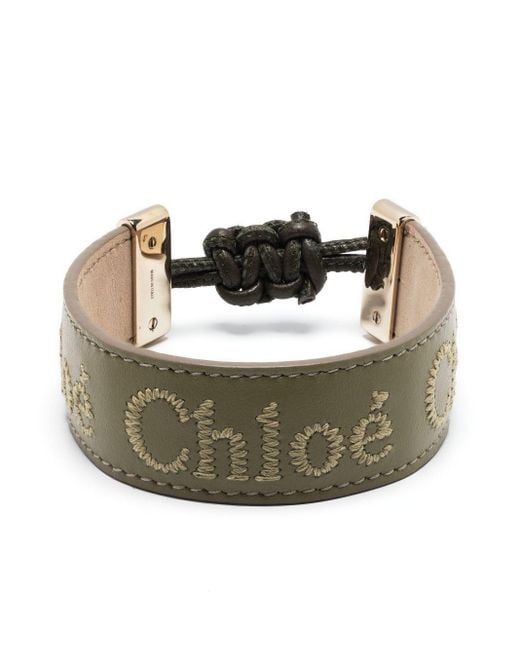 Chloé Green Embroidered-Logo Leather Bracelet