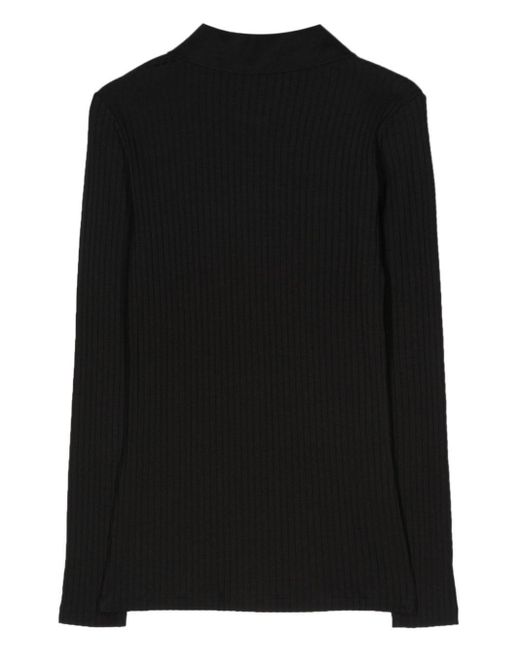 Closed Black Single-Breasted Ribbed Polo Top