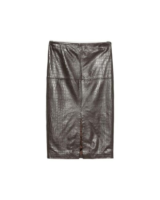 FEDERICA TOSI Gray Crocodile-Effect Leather Midi Skirt