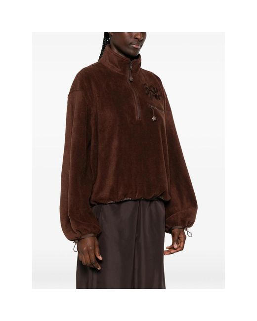 CECILIE BAHNSEN Brown Bow-Embroidered Quarter-Zip Sweater