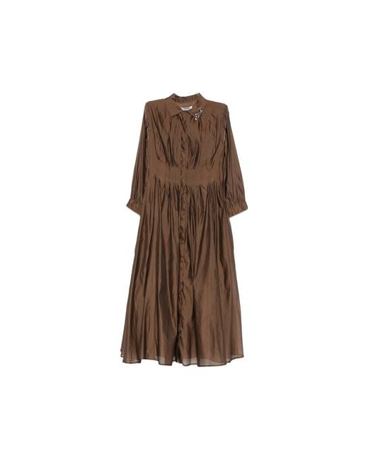 Max Mara Brown Crystal-Embellished Pleated Midi Dress