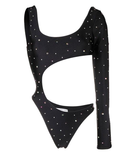 Alessandra Rich Black Rhinestone-Embellished One-Shoulder Bodysuit