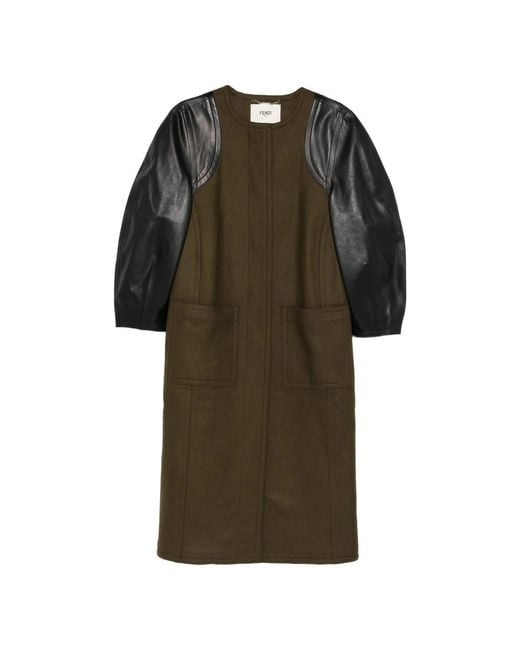 Fendi Green Leather-Sleeves Wool Coat