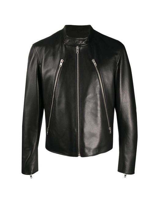 Maison Margiela Black Mock Neck Leather Jacket for men