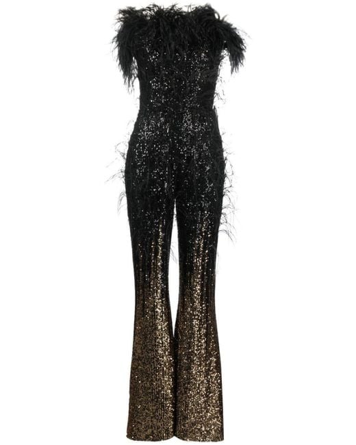 Elie Saab Black Strapless Sequin-feather Embellished Jumpsuit
