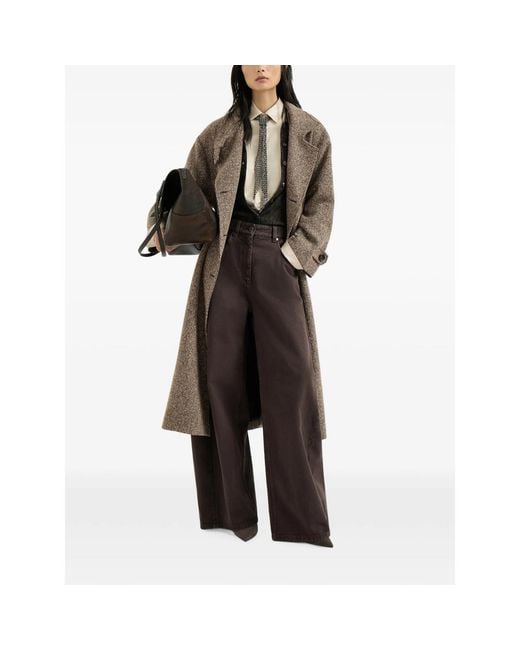 Brunello Cucinelli Brown Sparkling Virgin Wool Chevron Belted Coat With Monili