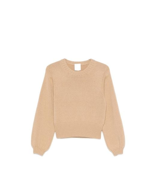 Allude Natural Ribbed-Trim Long-Sleeve Sweater