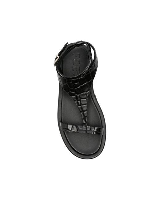 Poeve Black Nairobi Croc-Effect T-Bar Sandals