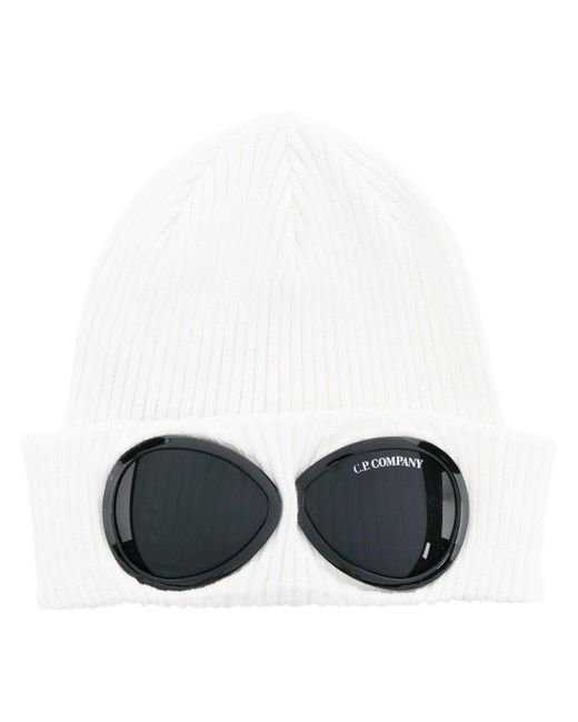 C P Company White Goggles Ribbed-knit Beanie Hat for men