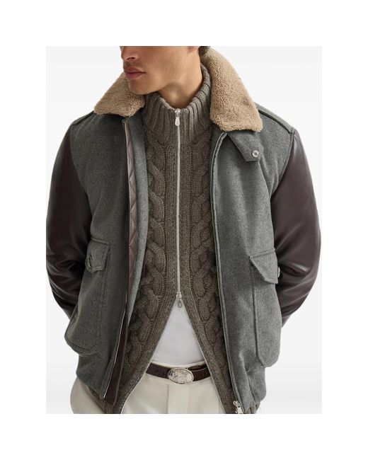 Brunello Cucinelli Gray Bonded Cashmere Beaver Cloth And Nappa Leather Bomber Jacket With Thermore Padding And Detachable Shearling Collar for men