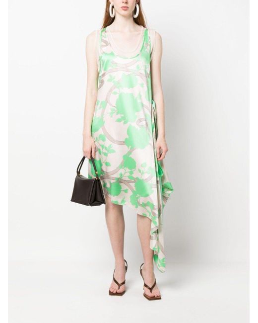 Fendi Green Floral-Motif Draped Silk Dress