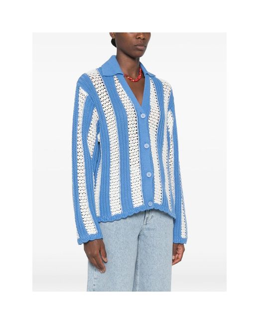 Stine Goya Blue Striped Open-Knit Cardigan