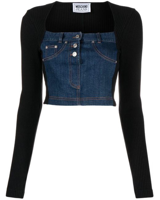 Moschino Jeans Blue Panelled Denim Knitted Crop Top