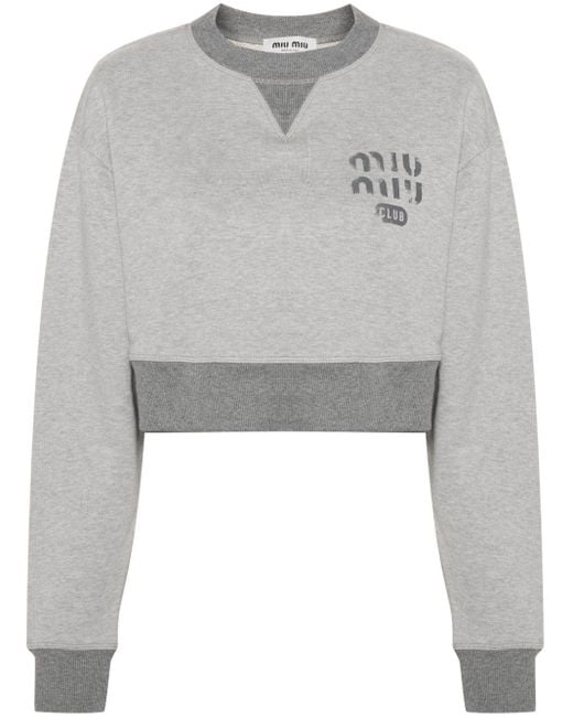 Miu Miu Gray Logo-Print Cropped Cotton Sweatshirt