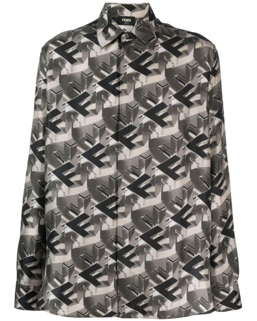 Fendi Gray Monogram-Print Silk Shirt for men