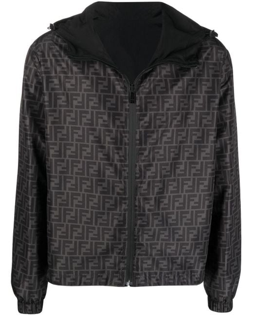 Fendi Ff-logo Zip-up Hooded Jacket in Black for Men | Lyst