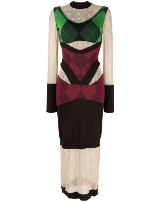 MARINE SERRE Brown Regenerated Lozenge-Knit Midi Dress