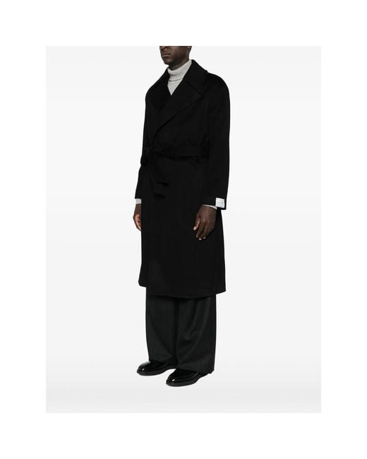 Caruso Black Belted Notch-Lapels Coat for men
