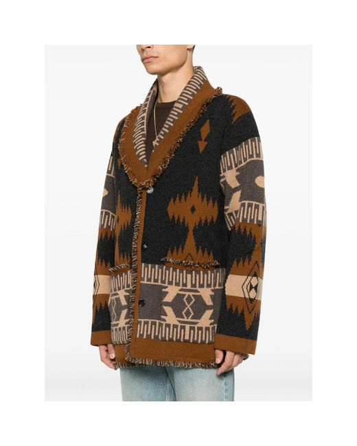 Alanui Brown Jacquard-Knit Fringed Cardigan for men