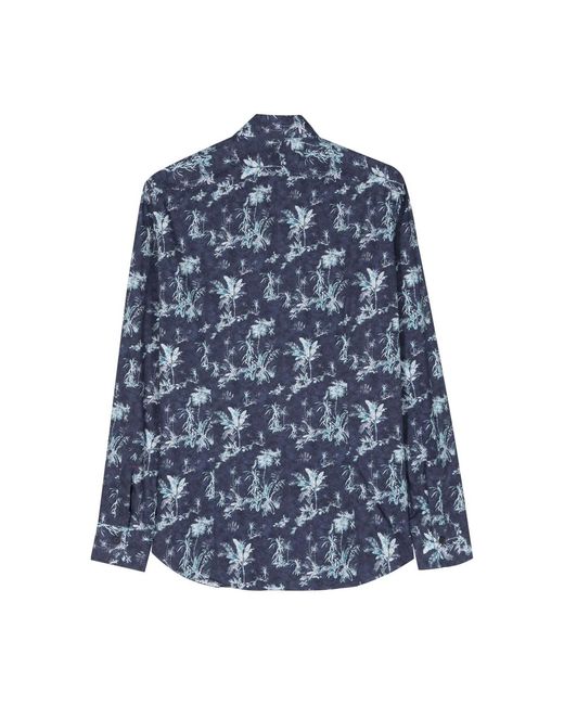 Mazzarelli Blue Botanical-Print Cotton Shirt for men