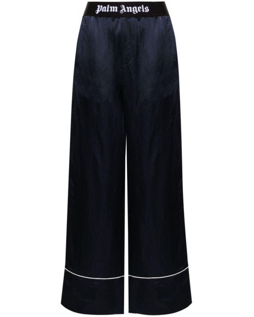 Palm Angels Blue Logo-Waist Satin Trousers