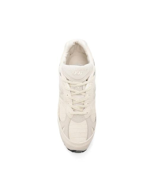 New Balance White 991V1 Crocodile-Effect Panelled Sneakers for men