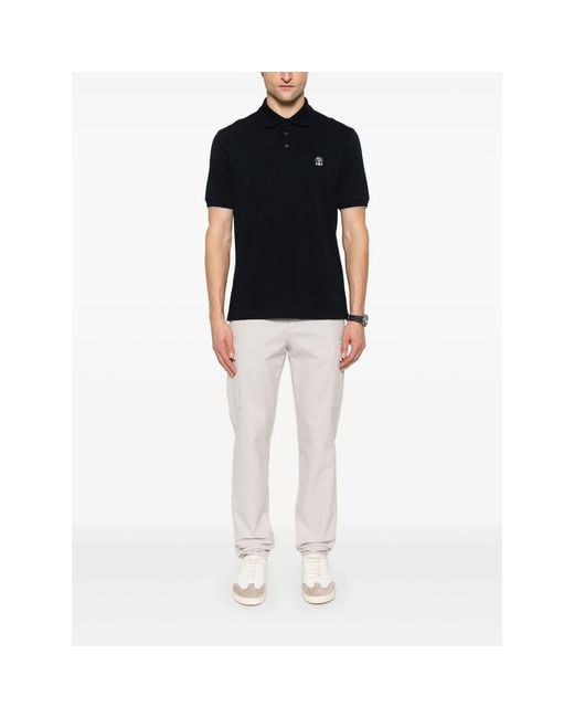 Brunello Cucinelli Black Crest-Embroidered Cotton-Piqué Polo Shirt for men