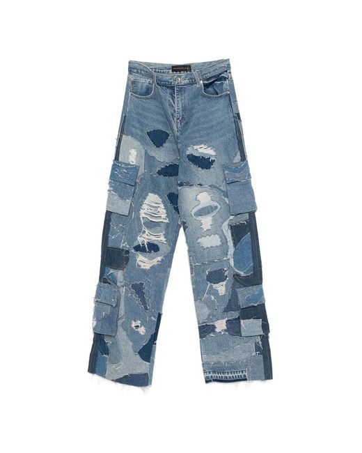 Who Decides War Blue Ripped Patchwork Cargo Jeans for men
